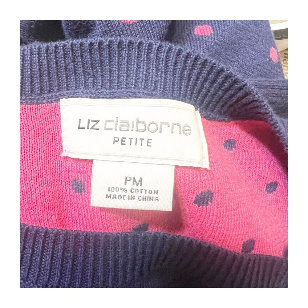 Liz Claiborne Women's Medium Petite MP Sweater Blue Pink Polka Dots Shoulder Zip - Picture 11 of 12